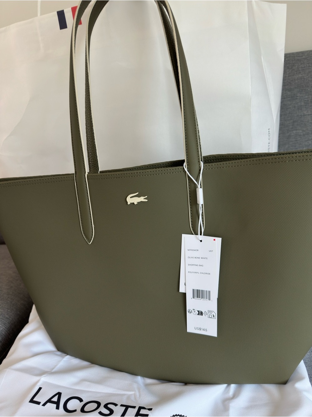 Lacoste Olive Tote Bag with Gold Croc Logo